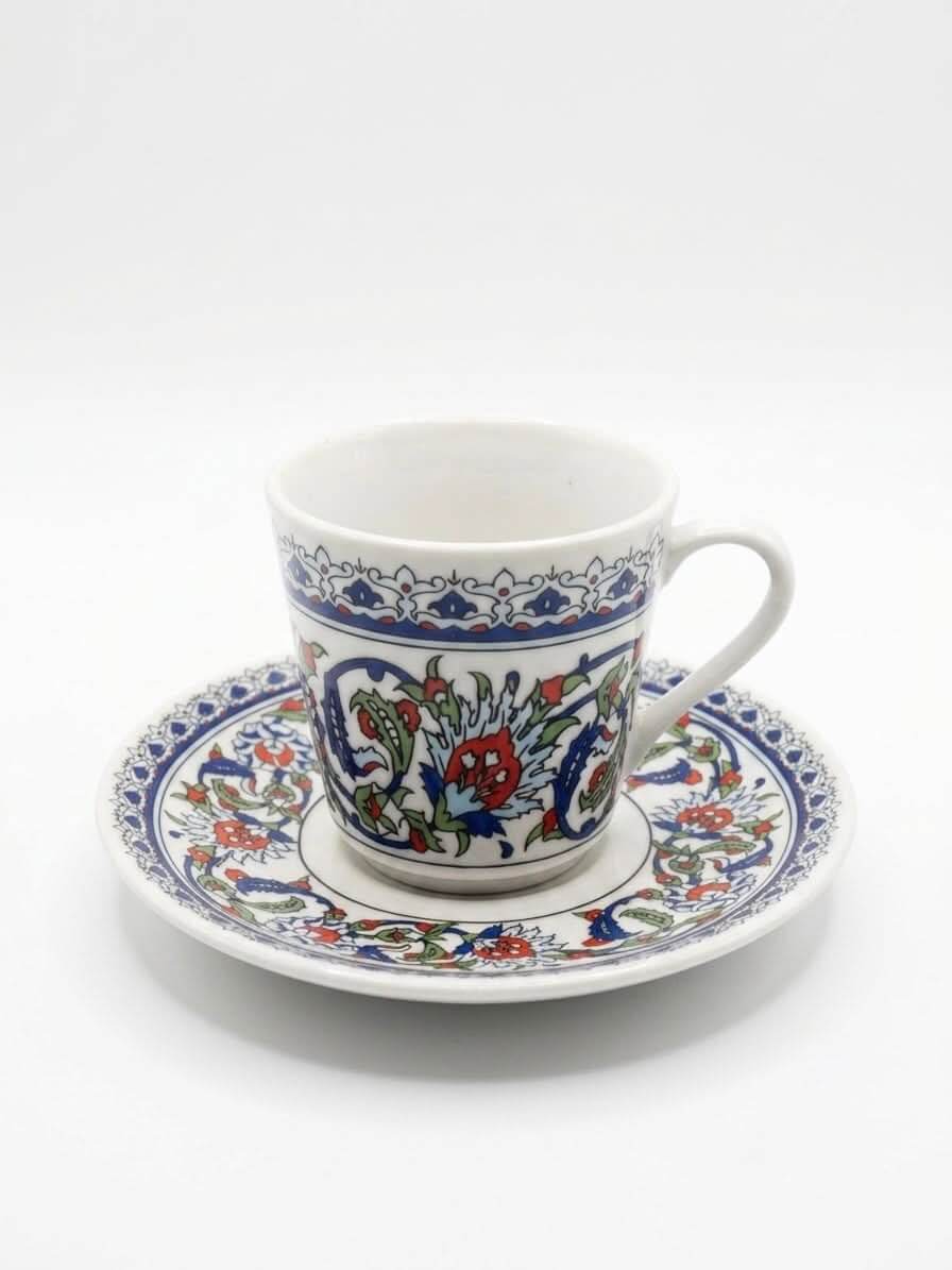 Stunning Topkapi Deluxe Turkish coffee cup set featuring intricate floral designs on ceramic espresso cup and saucer.