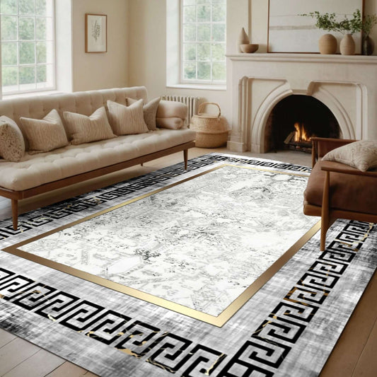 Traditional Greek Key and Abstract Gold Rug-Discover elegance with the BY-DLS-206 Traditional Greek Key and Abstract Gold Rug. Features a luxurious design with neutral tones and gold accents. Multiple sizes available. Shop now!-Bazaar G Rugs N Gifts
