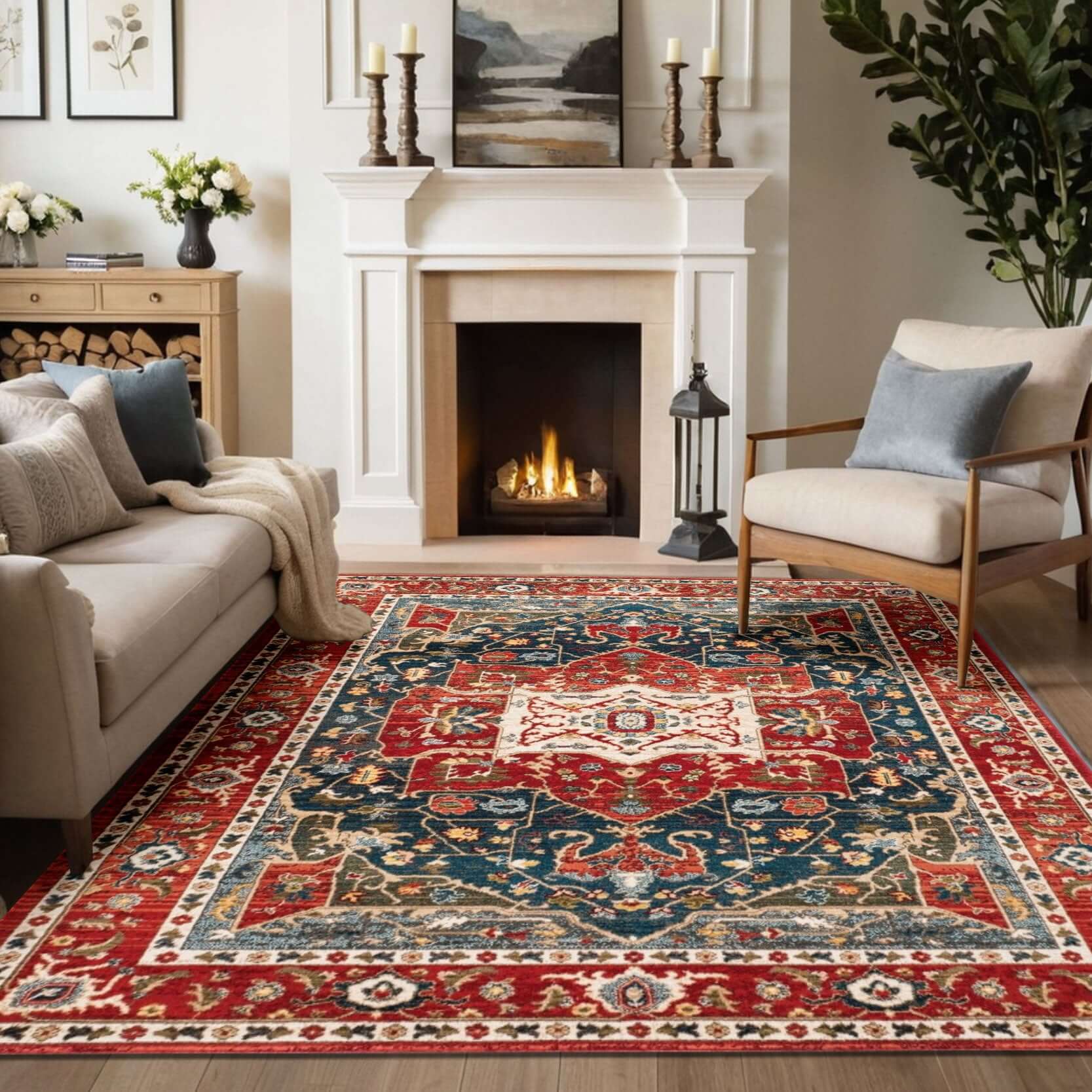 Traditional Red & Blue Persian Medallion Rug-Add elegance to your home with the BY-BS-111 Traditional Persian Rug. Rich red and blue medallion design with intricate details. Available in multiple sizes.-Bazaar G Rugs N Gifts