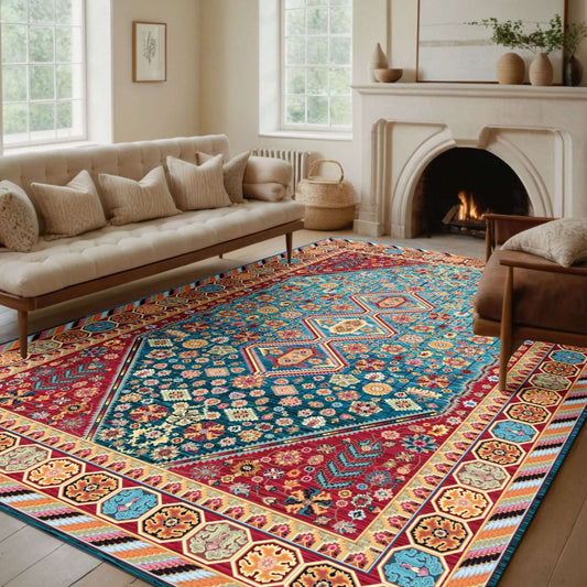 Traditional Vibrant Geometric Turkish Rug-Transform your space with the BY-BS-35 Traditional Turkish Rug. Featuring bold geometric and floral patterns in vibrant colors. Available in various sizes. Shop now!-Bazaar G Rugs N Gifts