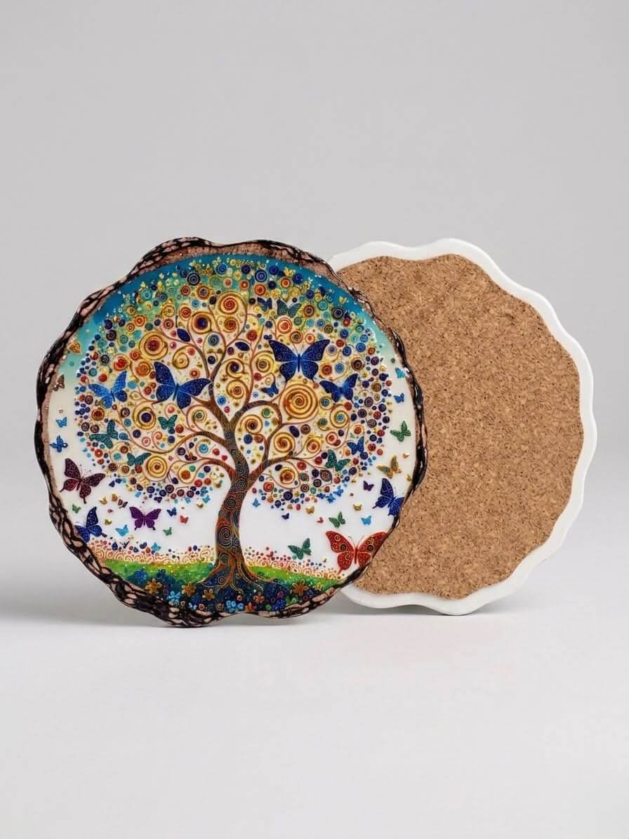Tree of Life Ceramic Coaster featuring a vibrant design of a tree and butterflies on a cork base.