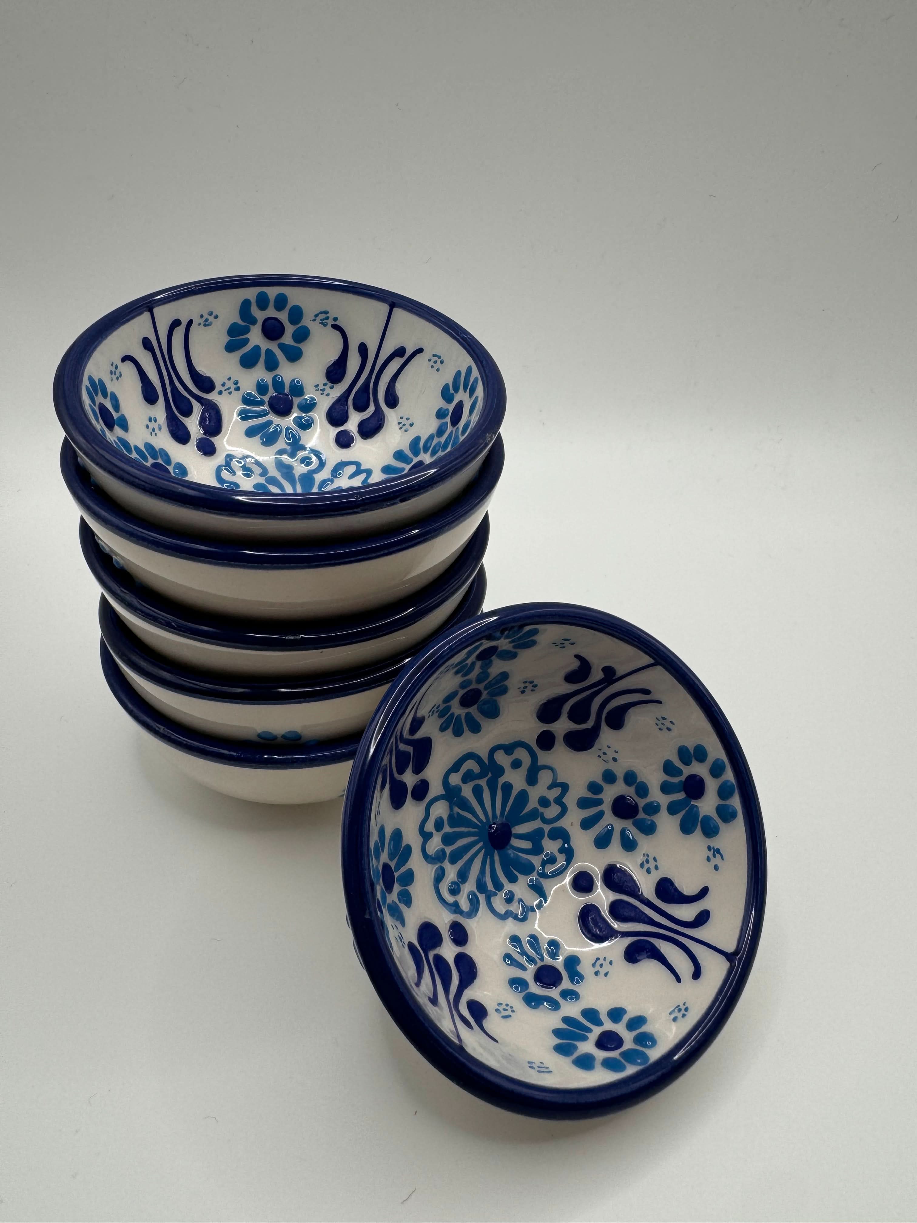 Turkish Ceramic Mini Bowls in blue Iznik floral design, 5 cm, stacked, perfect for serving spices and dips.