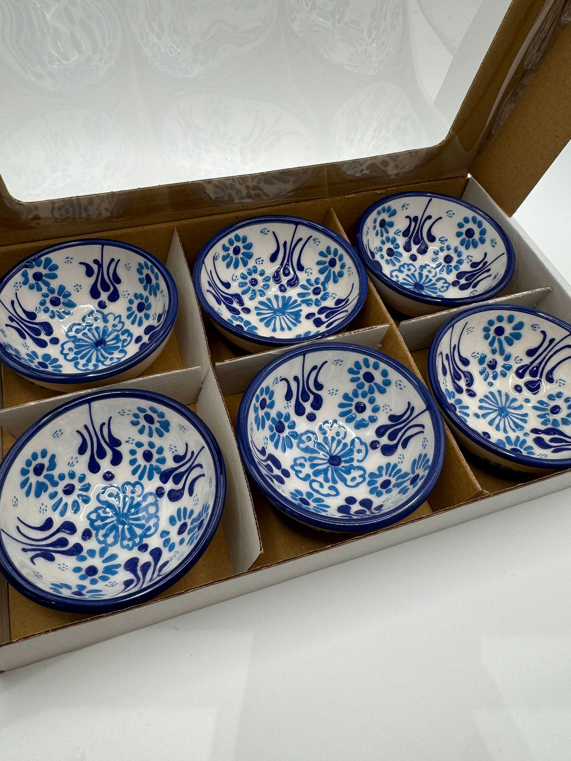 Turkish Ceramic Mini Bowls 5 cm in blue Iznik design, boxed 6-piece set showcasing floral patterns.