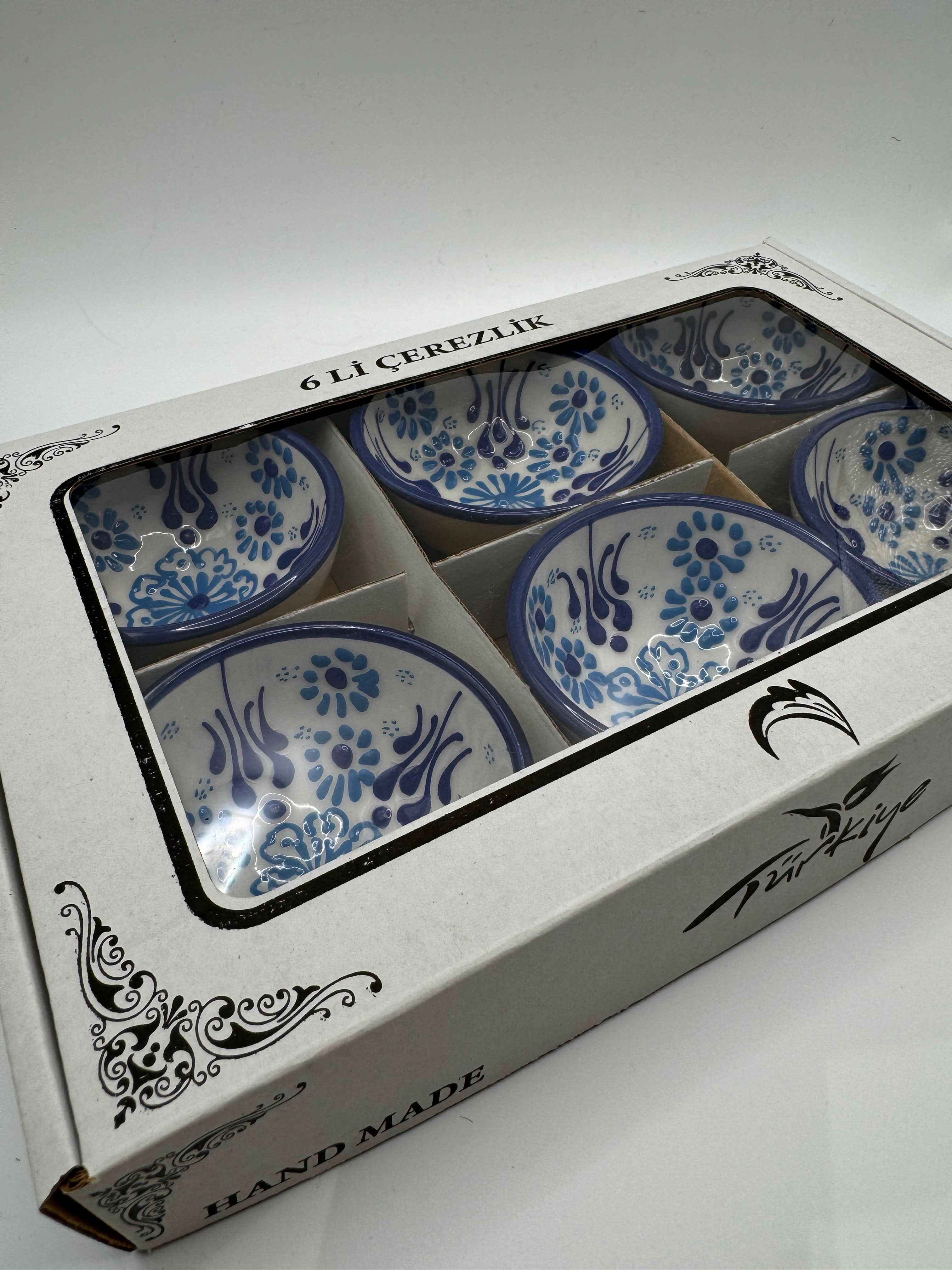 Turkish Ceramic Mini Bowls 5 cm set of 6 in a window box showcasing floral designs and cobalt rims.