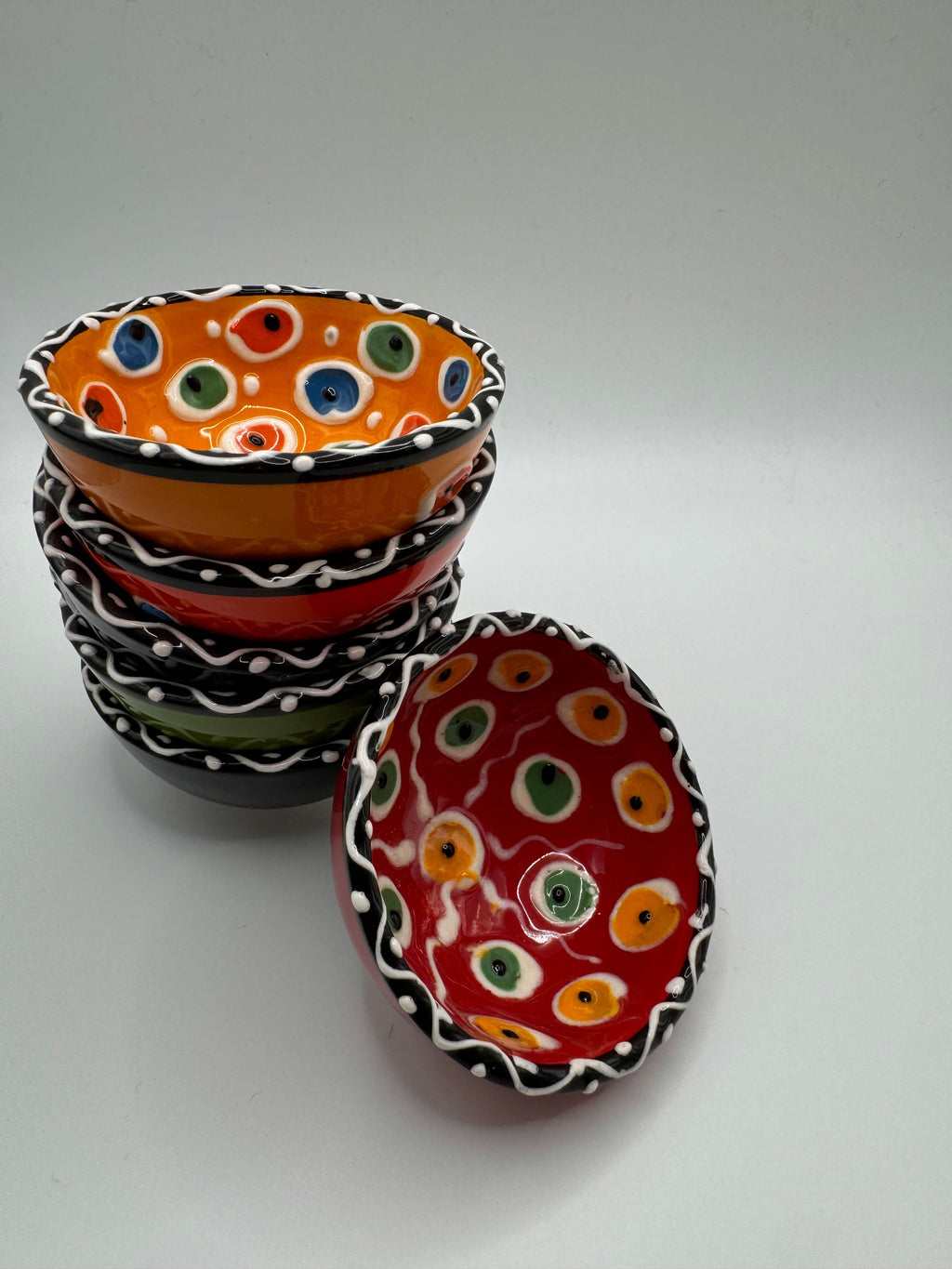 Turkish Ceramic Mini Bowls – Dotted 6-piece set of colorful hand-painted bowls with scalloped rims.
