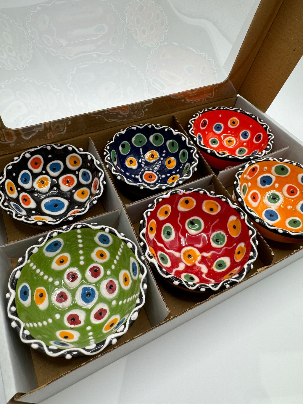 Turkish Ceramic Mini Bowls – Dotted 6-Piece Set in a box, colorful and hand-painted with a glossy glaze.