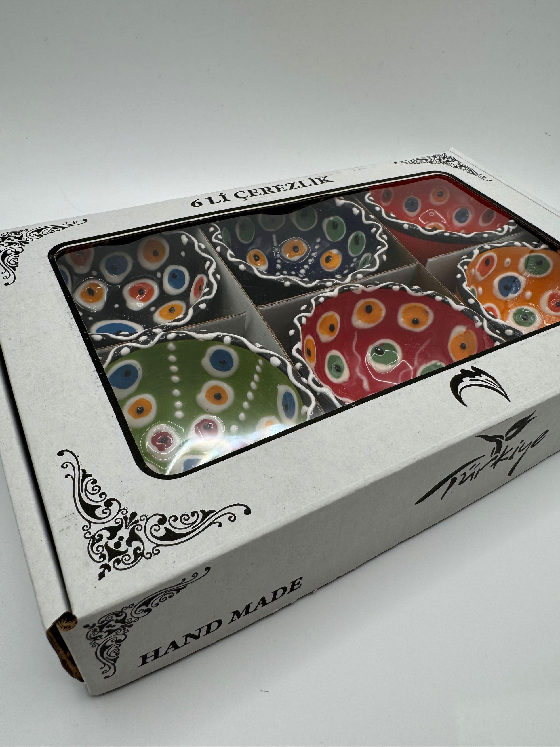 Turkish Ceramic Mini Bowls – Dotted 6-Piece Set in a decorative box, showcasing vibrant colors and handcrafted details.