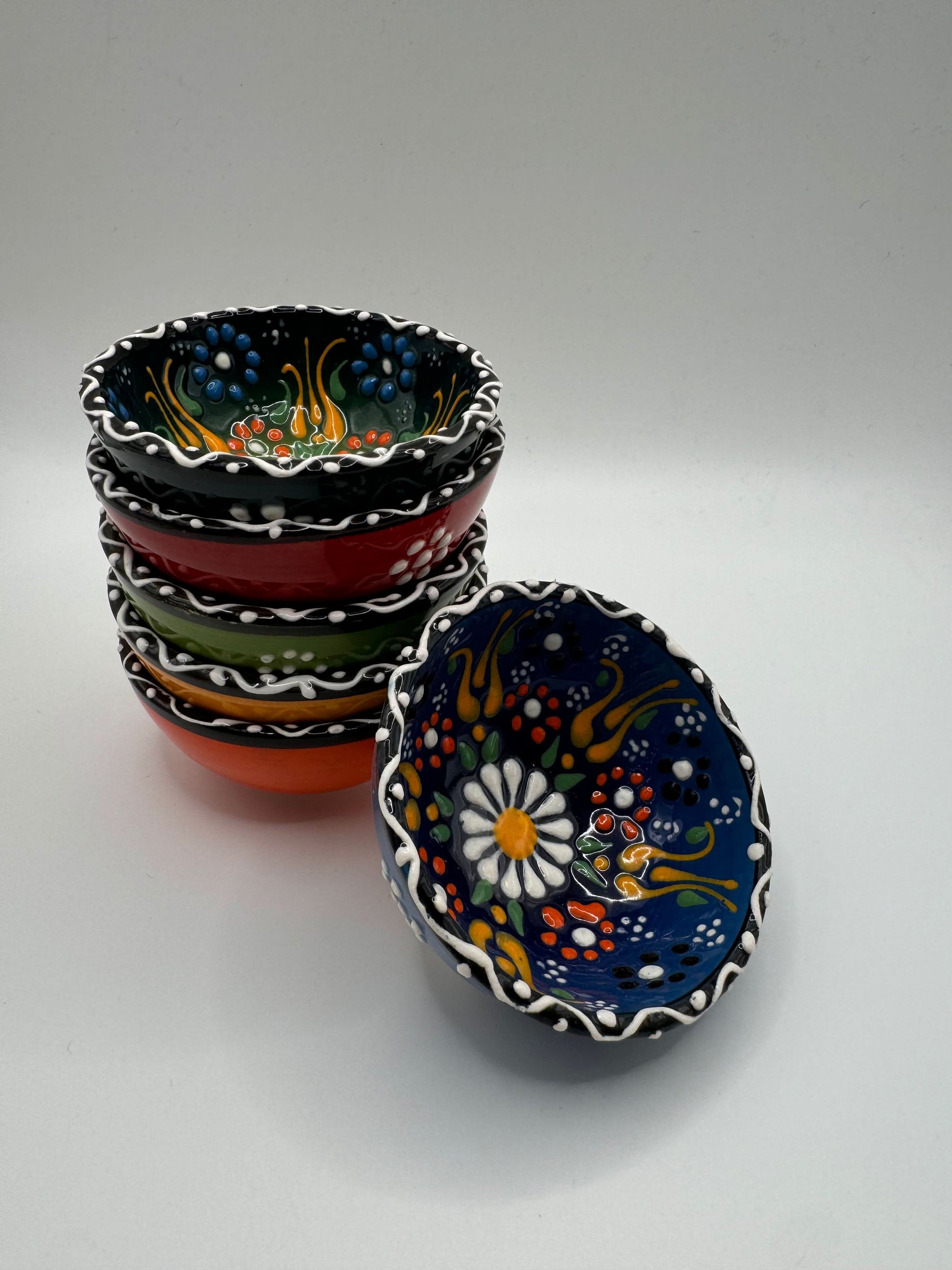 Hand-Painted Turkish Ceramic Mini Bowls – 6-Piece Set with colorful floral designs stacked.