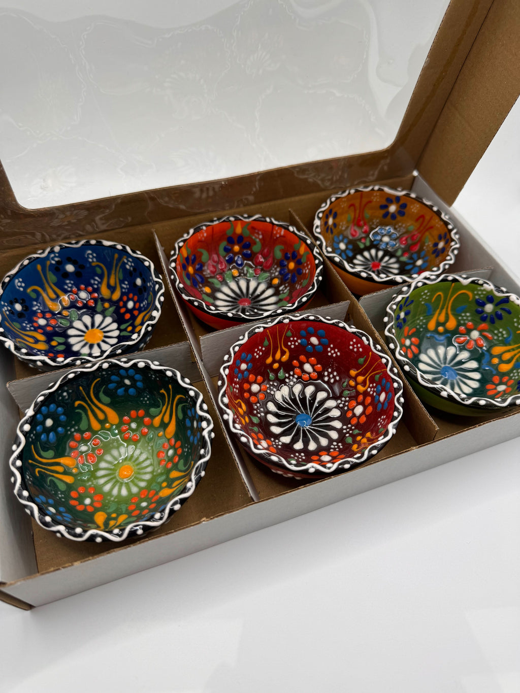 Hand-Painted Turkish Ceramic Mini Bowls – 6-Piece Set in a gift box showcasing colorful floral designs.