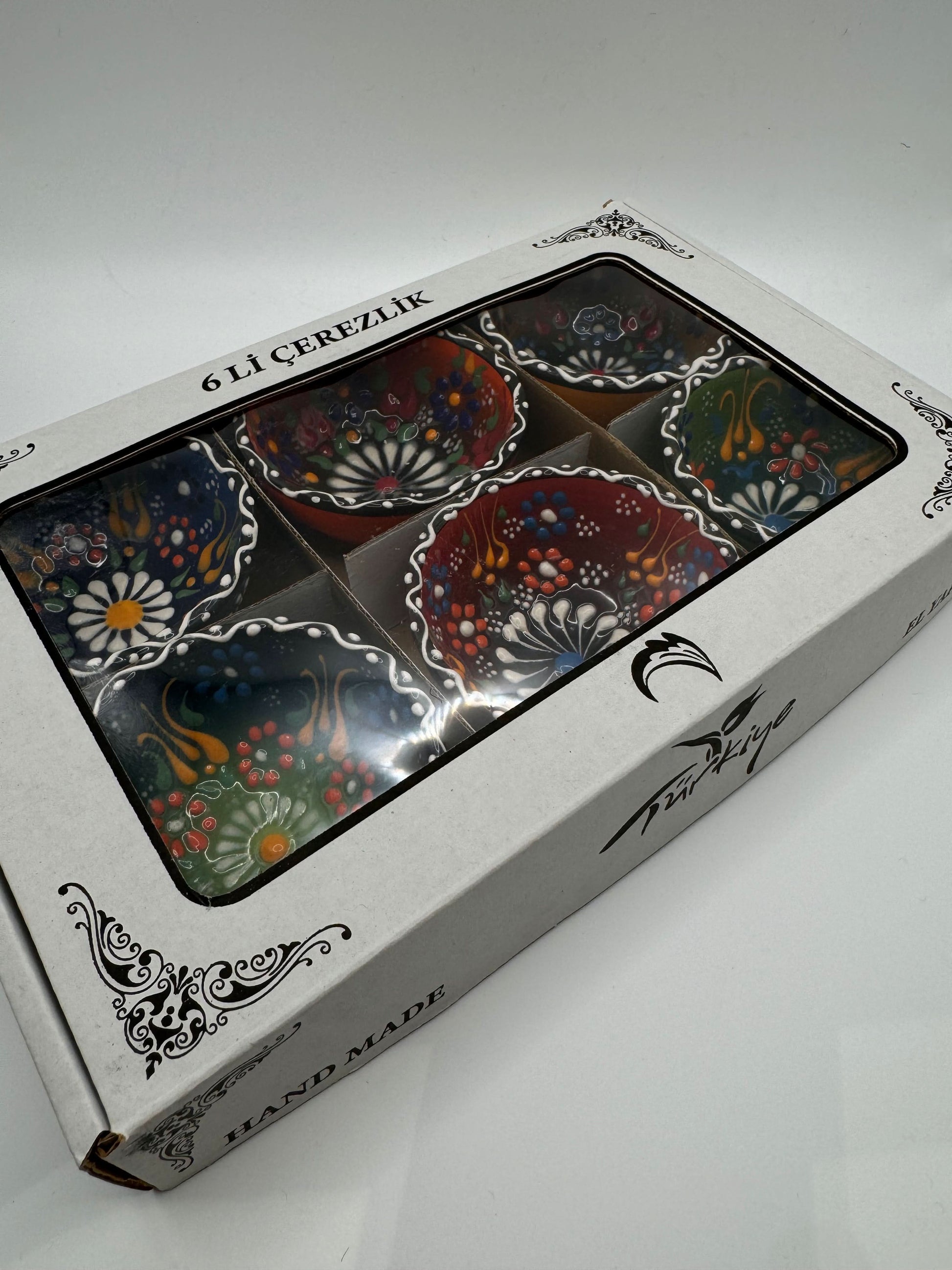 Hand-Painted Turkish Ceramic Mini Bowls – 6-Piece Set in gift box with colorful floral designs.