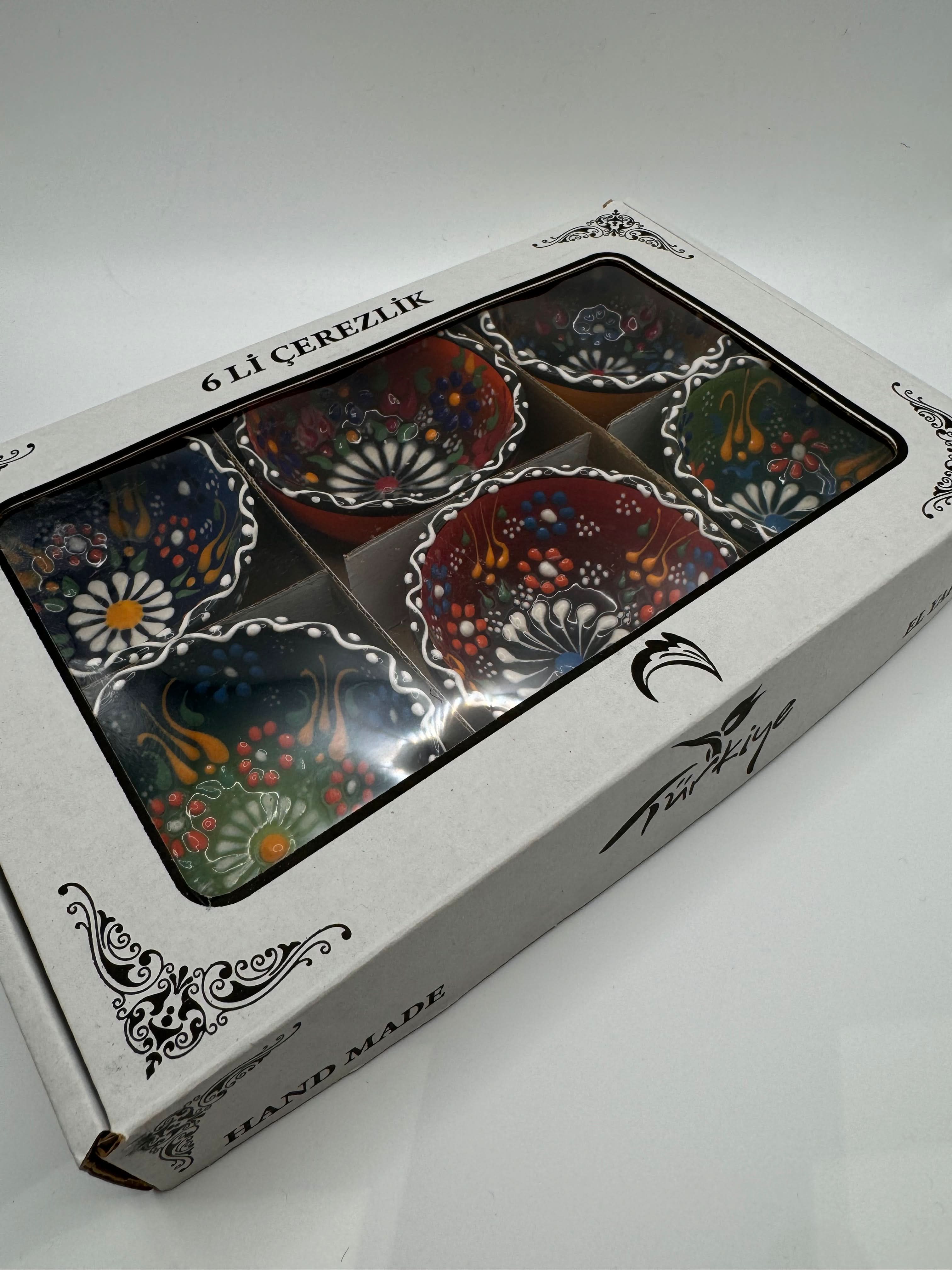 Hand-Painted Turkish Ceramic Mini Bowls – 6-Piece Set in gift box with colorful floral designs.