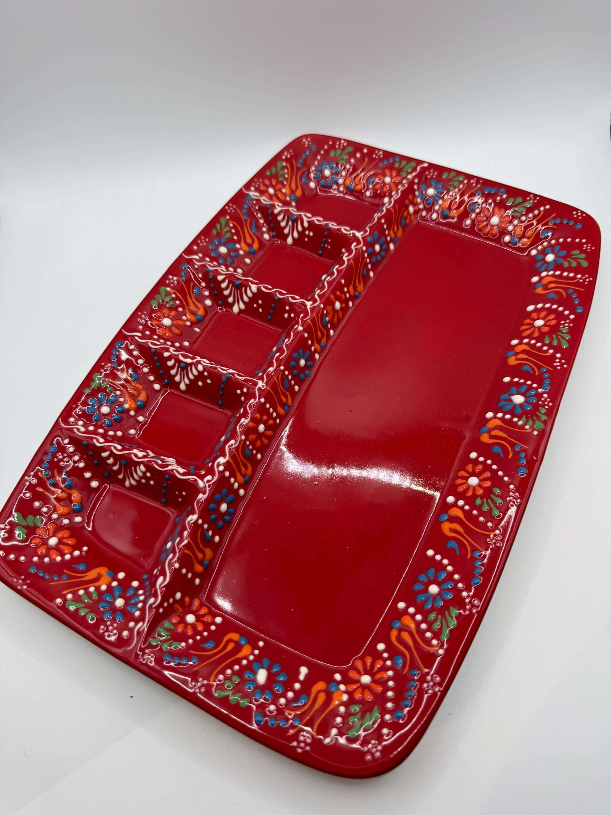 Turkish Ceramic Serving Tray with Compartments – Hand-Painted Appetizer & Snack Platter