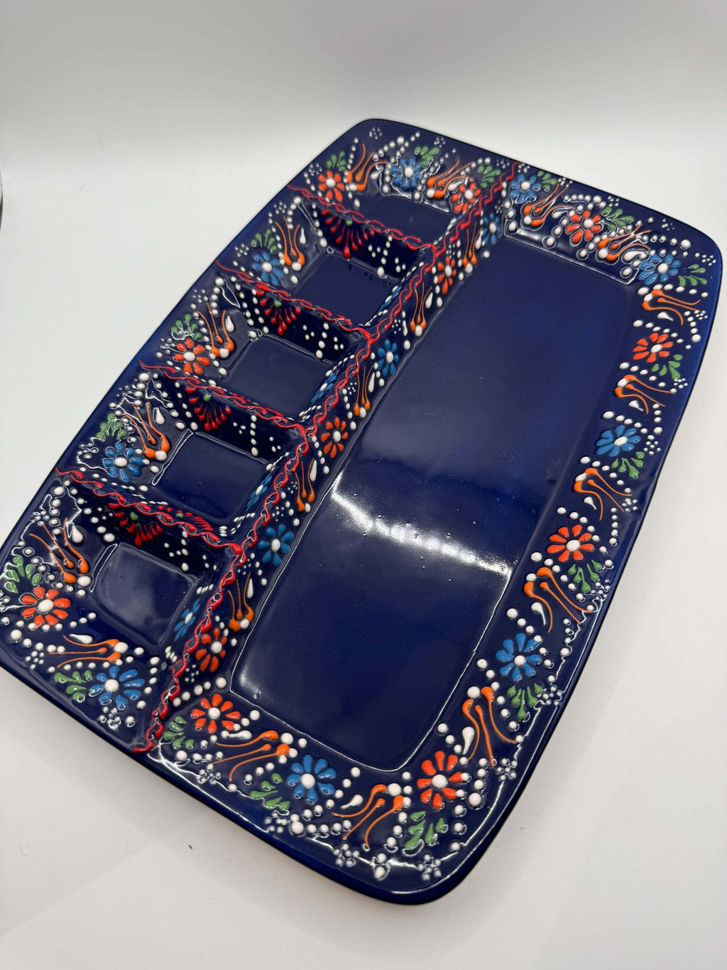 Turkish Ceramic Serving Tray with Compartments – Hand-Painted Appetizer & Snack Platter