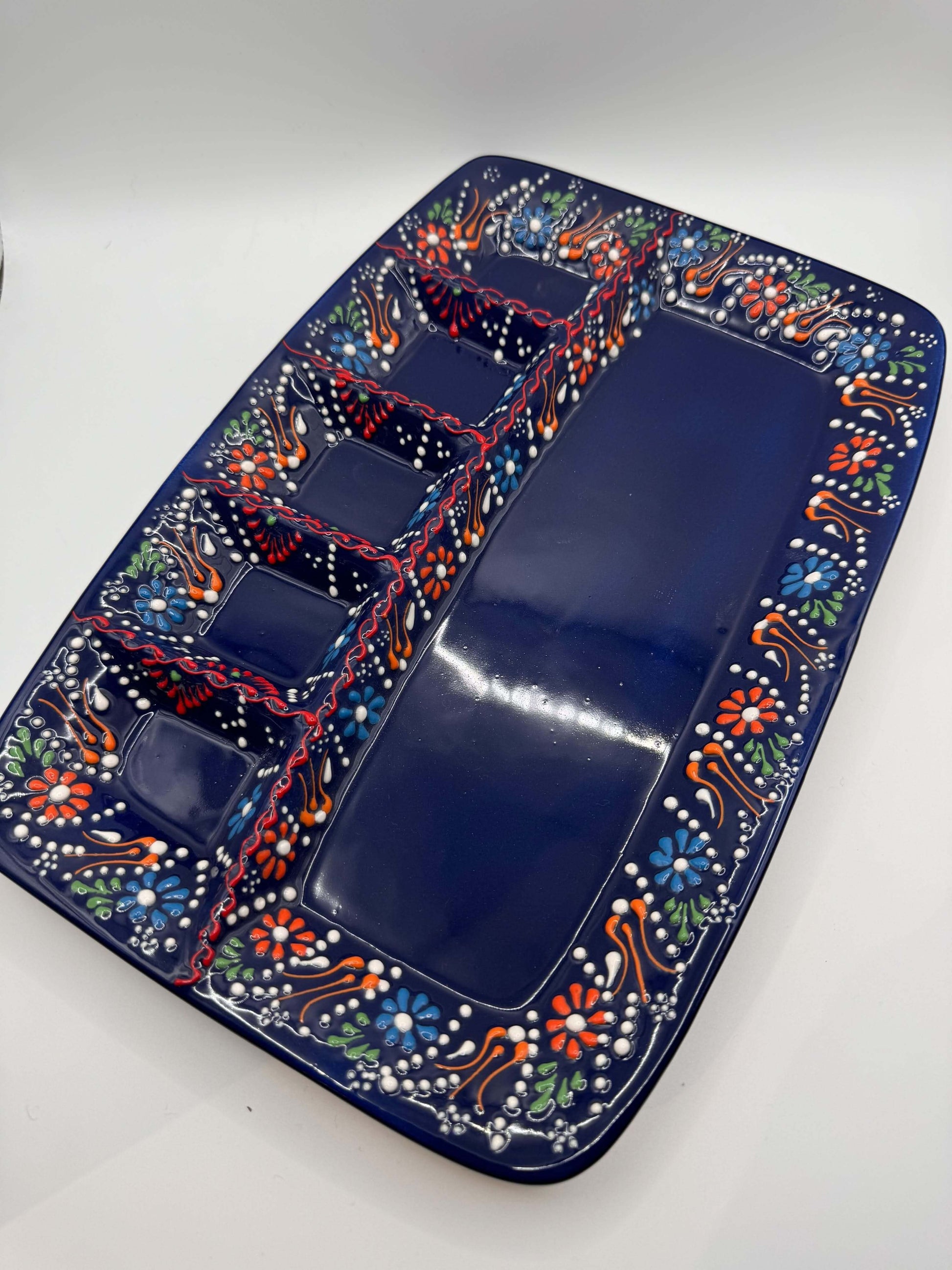 Turkish Ceramic Serving Tray with Compartments – Hand-Painted Appetizer & Snack Platter