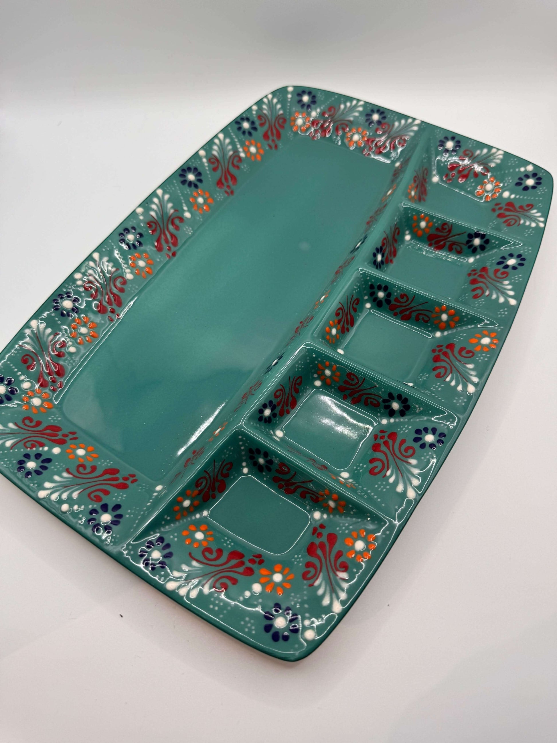 Turkish Ceramic Serving Tray with Compartments – Hand-Painted Appetizer & Snack Platter