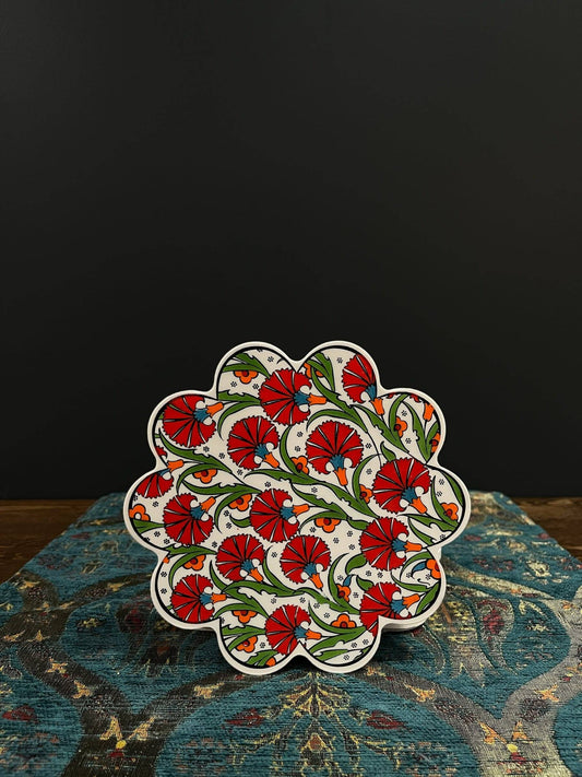 Turkish Ceramic Trivet Flowers-Discover our Turkish Ceramic Trivet, a perfect blend of artistry and functionality. Crafted in Turkey, this 18cm heat-resistant trivet protects surfaces and features a vibrant mosaic design inspired by Turkish art. Easy to c