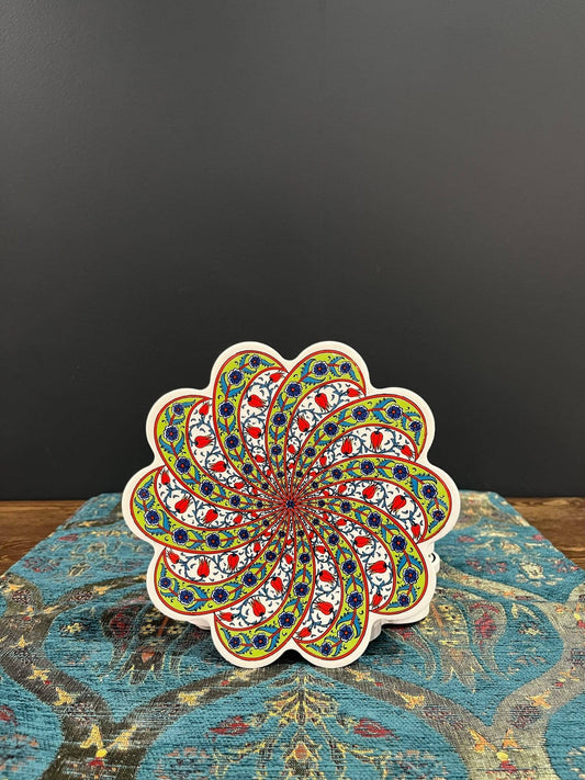 Turkish Ceramic Trivet Green-Discover our Turkish Ceramic Trivet, a perfect blend of artistry and functionality. Crafted in Turkey, this 18cm heat-resistant trivet protects surfaces and features a vibrant mosaic design inspired by Turkish art. Easy to cle