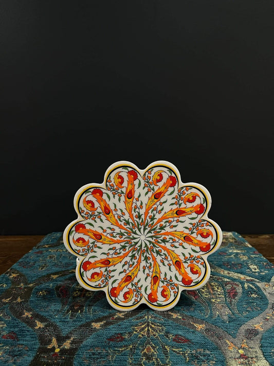 Turkish Ceramic Trivet Orange-Discover our Turkish Ceramic Trivet, a perfect blend of artistry and functionality. Crafted in Turkey, this 18cm heat-resistant trivet protects surfaces and features a vibrant mosaic design inspired by Turkish art. Easy to cl