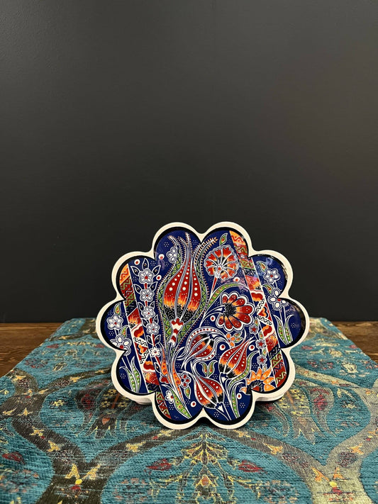 Turkish Ceramic Trivet Red-Blue Tulip-Discover our Turkish Ceramic Trivet, a perfect blend of artistry and functionality. Crafted in Turkey, this 18cm heat-resistant trivet protects surfaces and features a vibrant mosaic design inspired by Turkish art. Ea