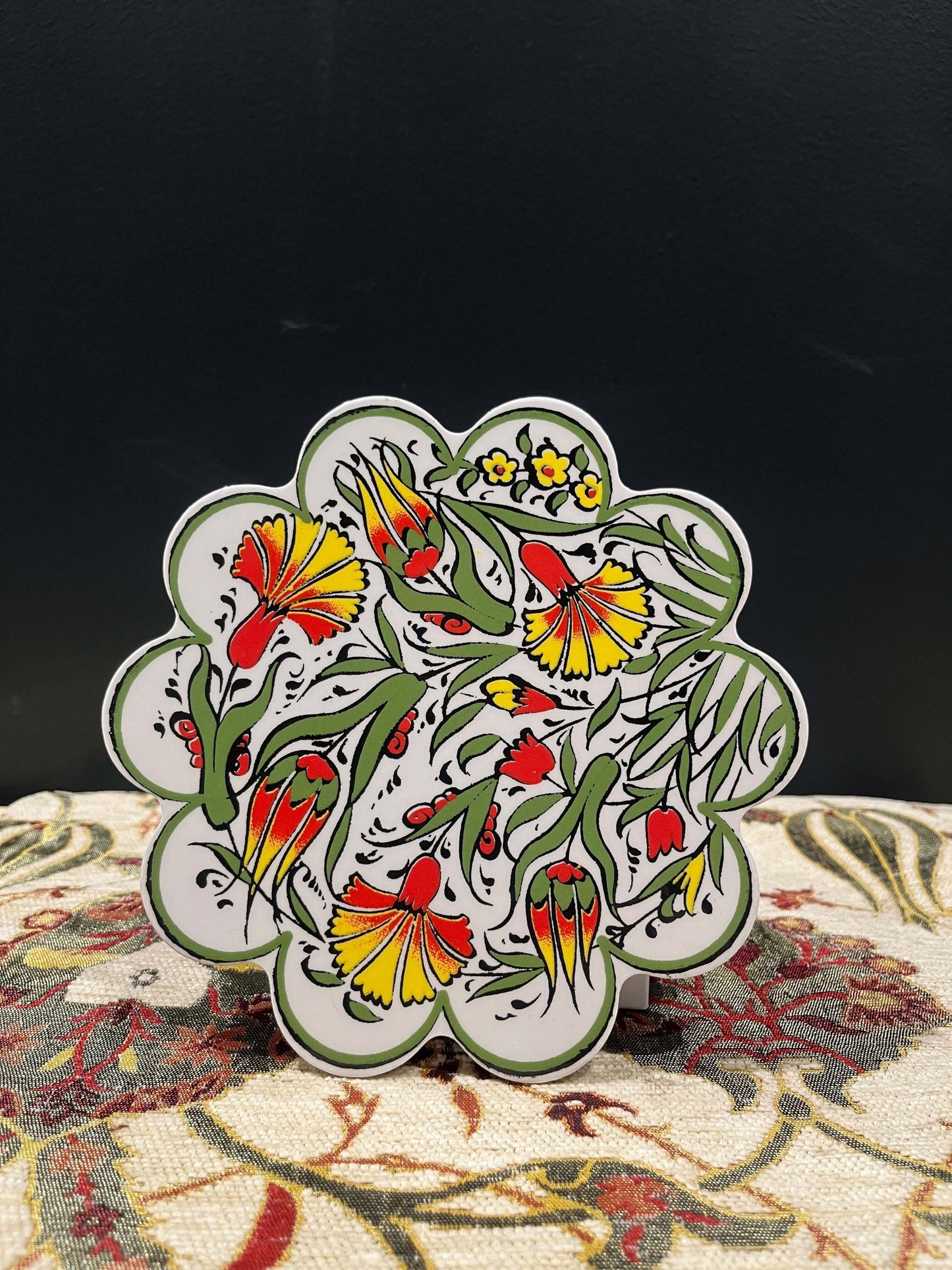 Turkish Ceramic Trivet Yellow-Discover our Turkish Ceramic Trivet, a perfect blend of artistry and functionality. Crafted in Turkey, this 18cm heat-resistant trivet protects surfaces and features a vibrant mosaic design inspired by Turkish art. Easy to cl