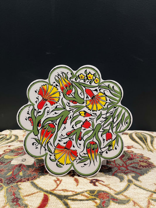 Turkish Ceramic Trivet Yellow-Discover our Turkish Ceramic Trivet, a perfect blend of artistry and functionality. Crafted in Turkey, this 18cm heat-resistant trivet protects surfaces and features a vibrant mosaic design inspired by Turkish art. Easy to cl