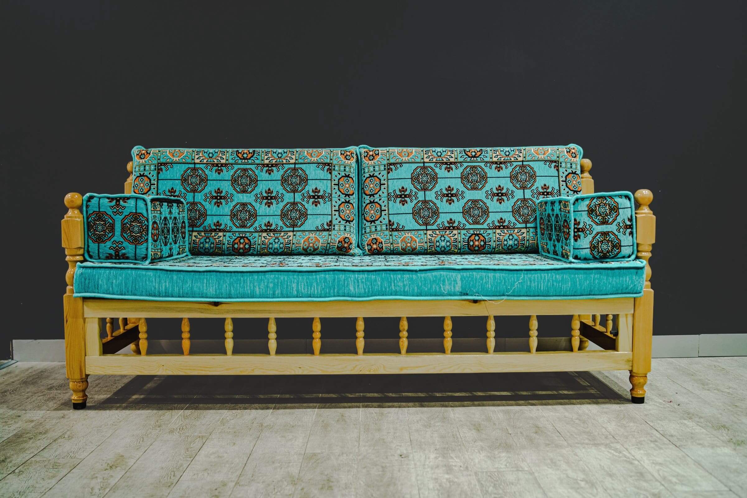 Turkish Divan Sofa Sedir Wood Chair Aqua with intricate pattern upholstery and wooden frame.