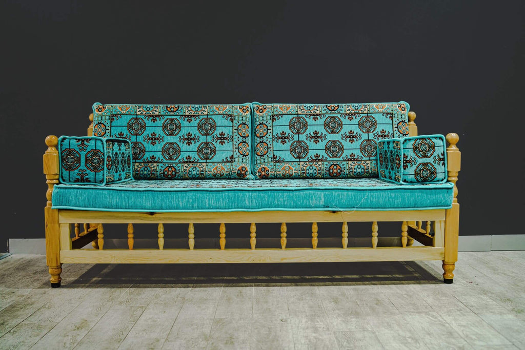 Turkish Divan Sofa Sedir Wood Chair Aqua