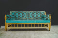 Turkish Divan Sofa Sedir Wood Chair Aqua with intricate pattern upholstery and wooden frame.