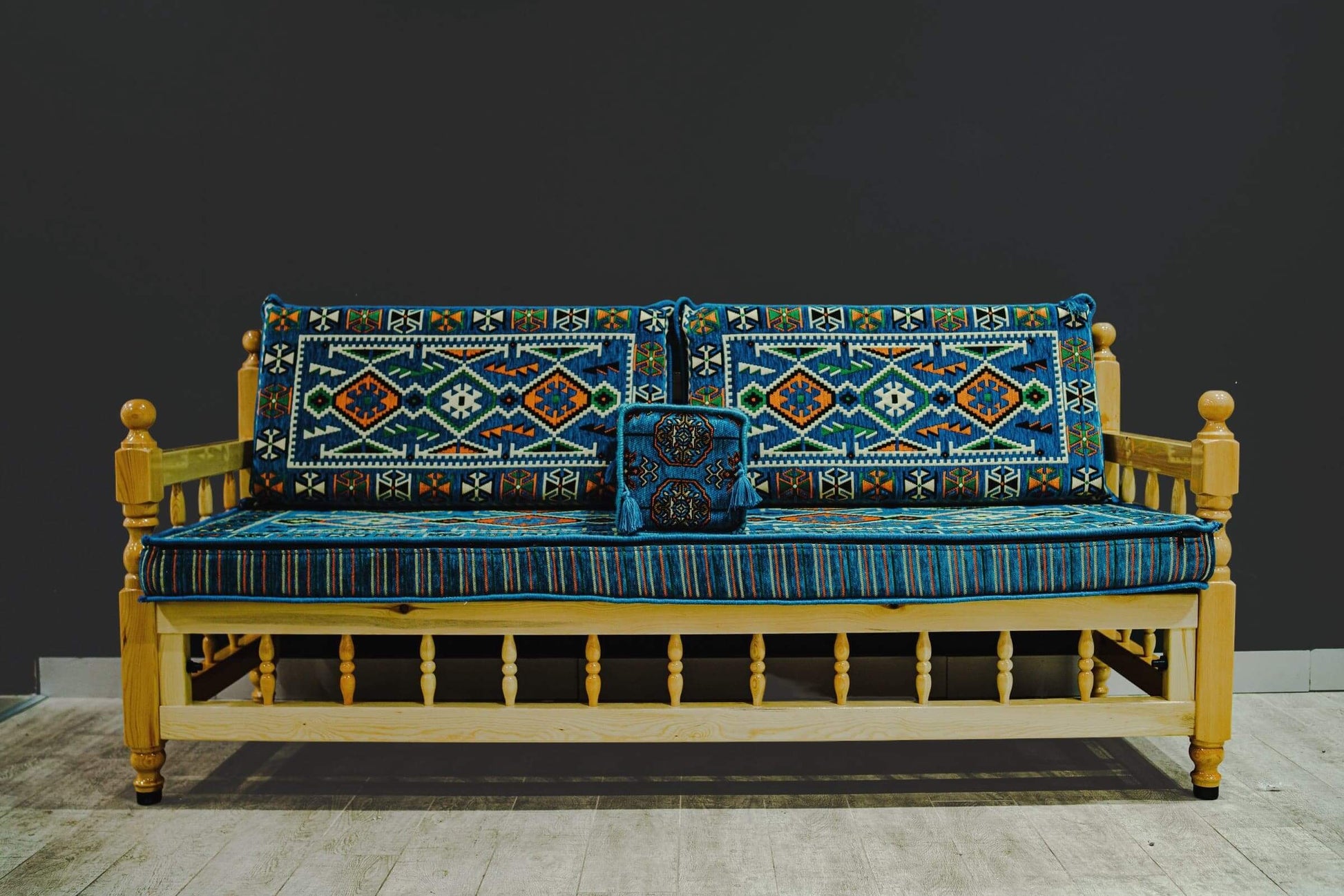 Turkish Divan Sofa Sedir Wood Chair Blue Pattern Orange