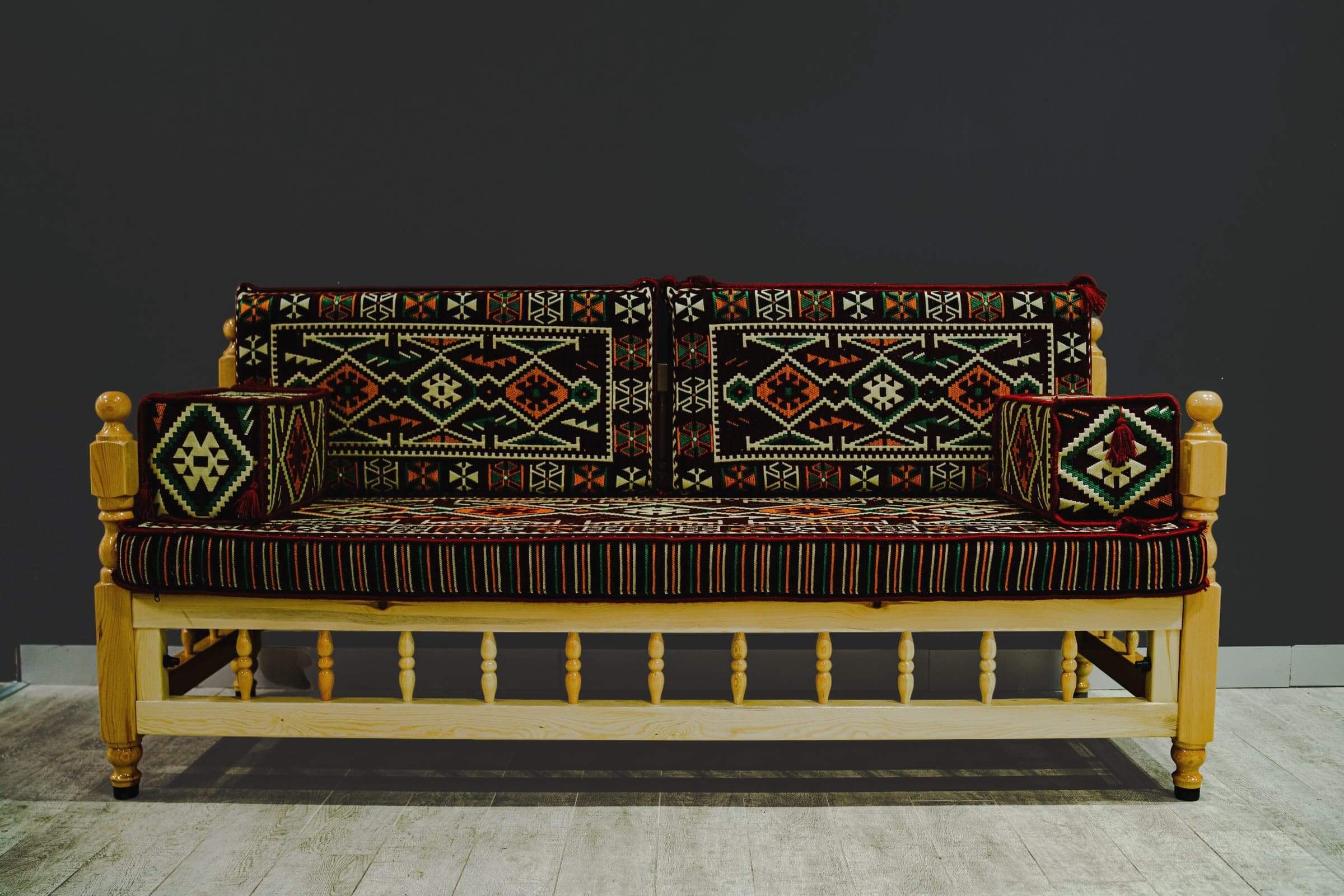 Turkish Divan Sofa Sedir Wood Chair Dark Red Pattern Orange
