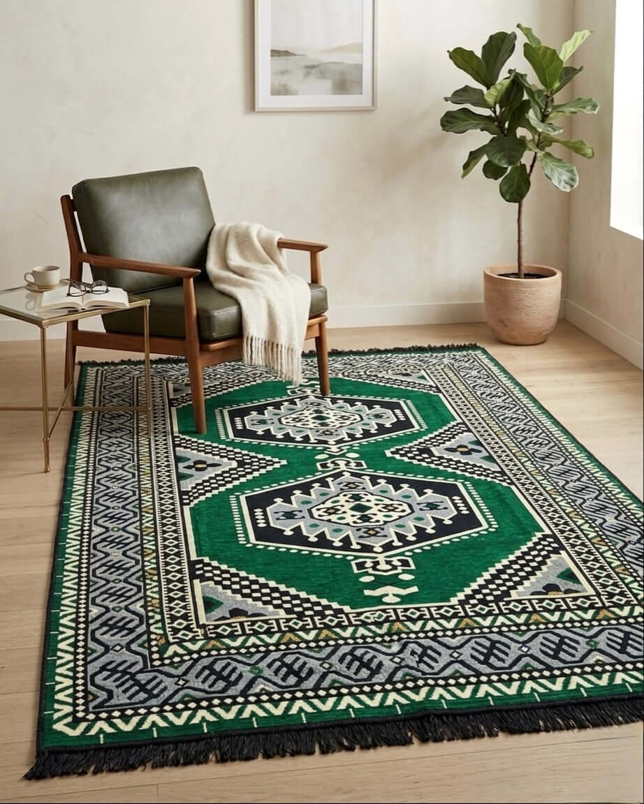 Turkish Kilim Rug showcasing the Green Palace pattern in a modern living space with a cozy chair and plant.