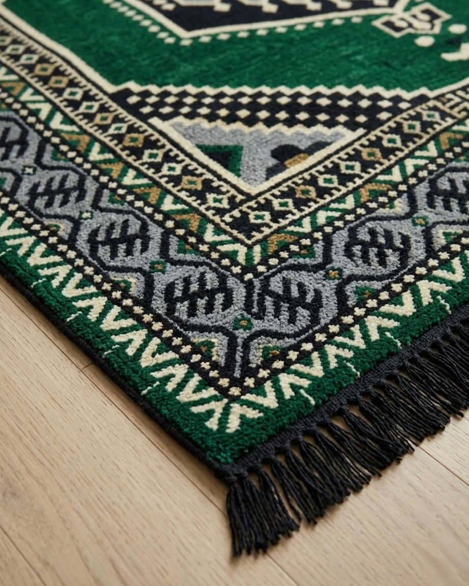 Turkish Kilim Rug showcasing vibrant emerald green background and intricate patterns, perfect for home decor.