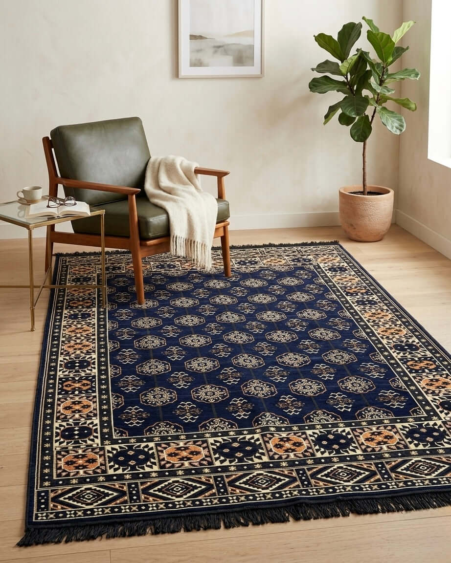 Turkish Kilim Rug - Authentic Navy Diamond pattern showcased in stylish living room setting.