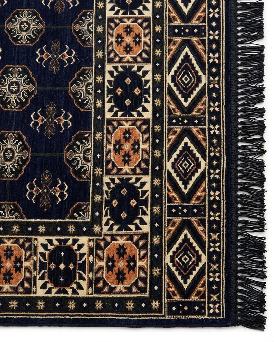 Turkish Kilim Rug with navy diamond pattern and intricate border detailing, perfect for home decor.