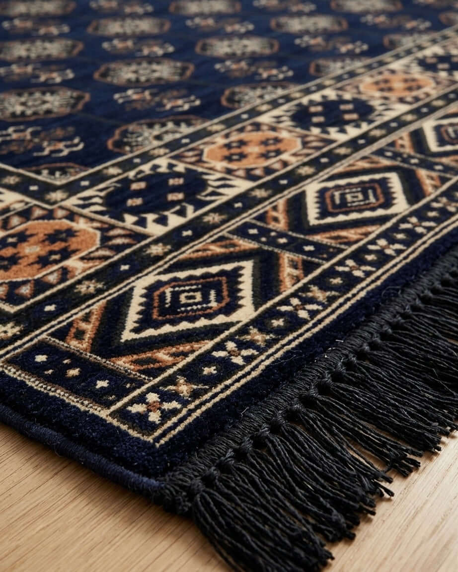 Turkish Kilim Rug – Authentic Navy Diamond pattern in deep navy with intricate designs and fringes.