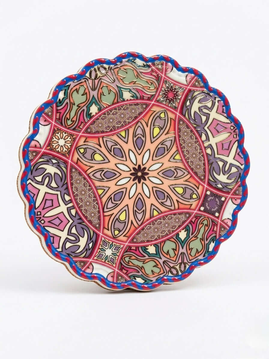 Turkish Mosaic Cork Trivet showcasing a stunning mandala design in pink, peach, and teal tones, perfect for your kitchen.