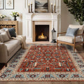 Anatolian Heritage Medallion Turkish Rug displayed in a cozy living room with a fireplace and elegant decor.