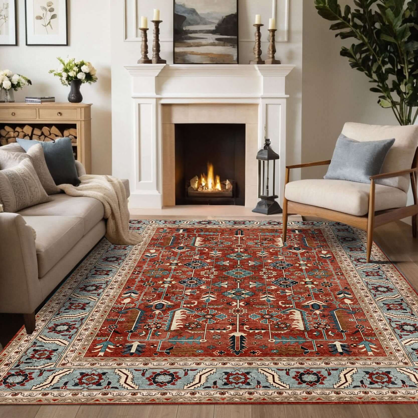 Anatolian Heritage Medallion Turkish Rug displayed in a cozy living room with a fireplace and elegant decor.