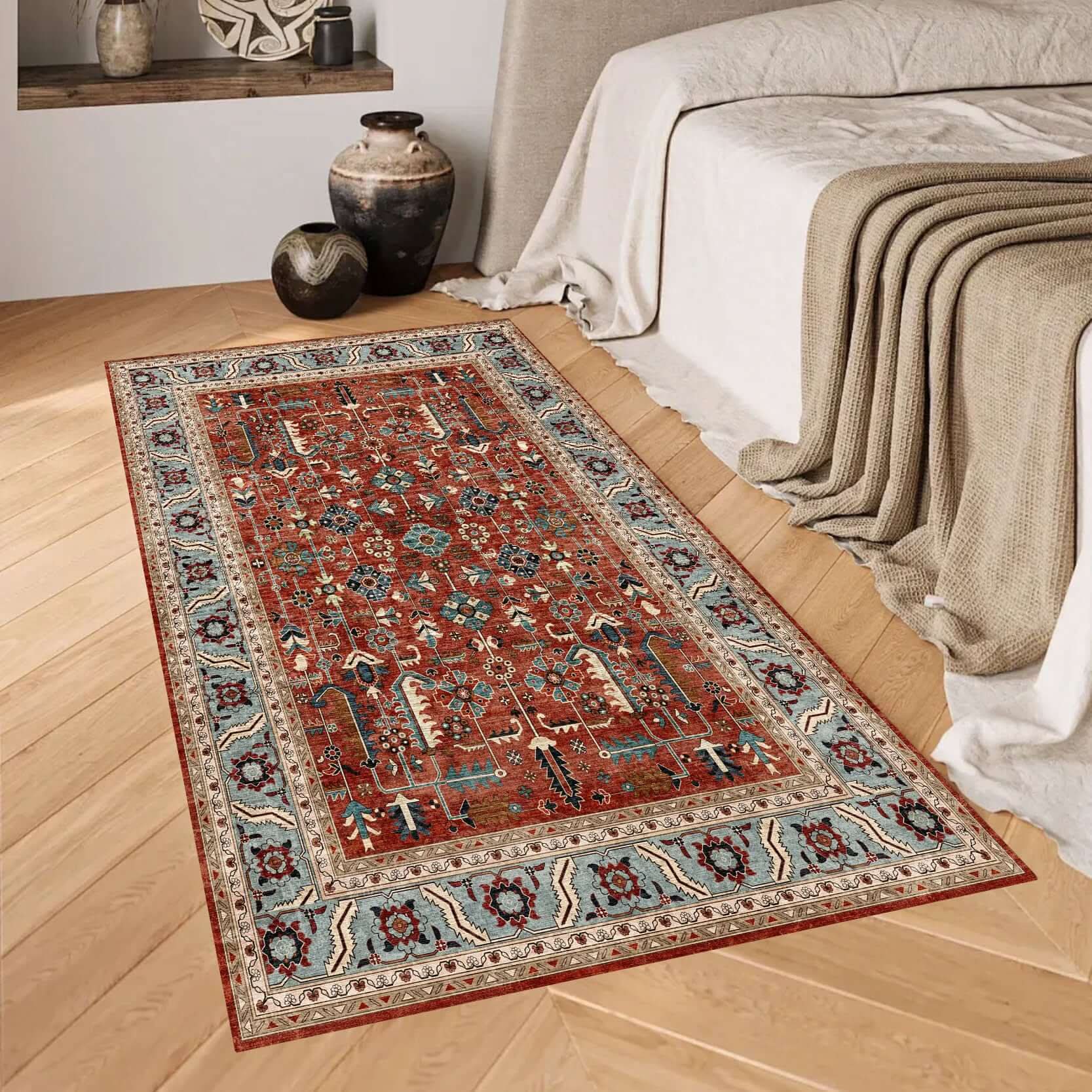 Anatolian Heritage Medallion Turkish Rug displayed in a cozy living room setting, showcasing intricate design and rich colors.