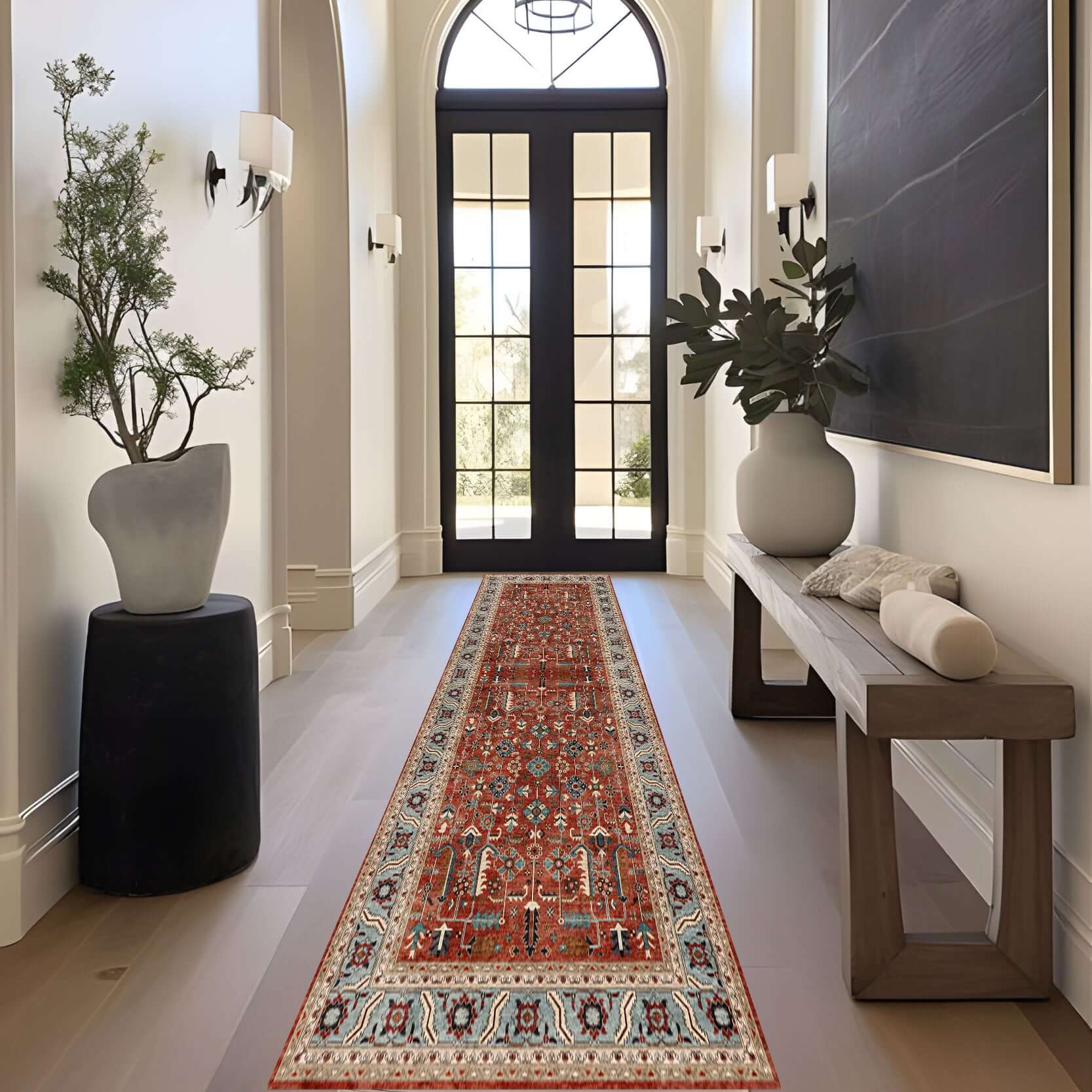 Anatolian Heritage Medallion Turkish Rug enhancing a stylish hallway with elegant decor and natural light.