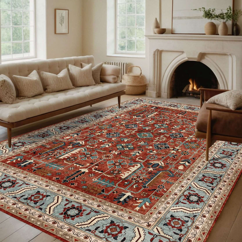 Anatolian Heritage Medallion Turkish Rug in a cozy living room setting with a fireplace.
