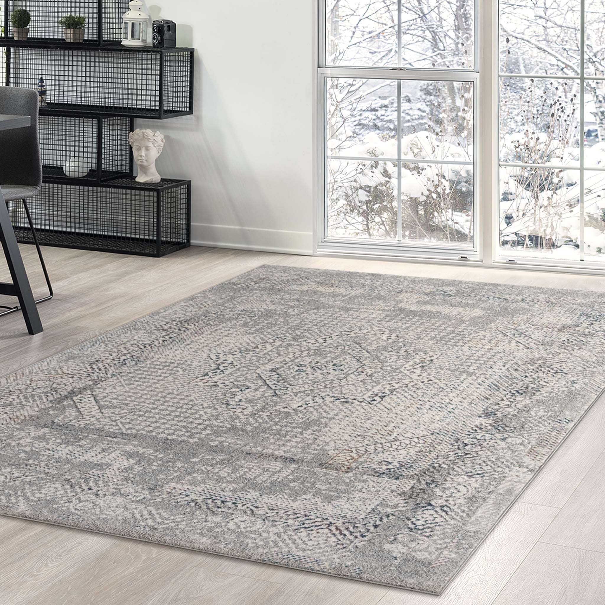Turkish Rug Silver Mist – Light Grey Distressed Design