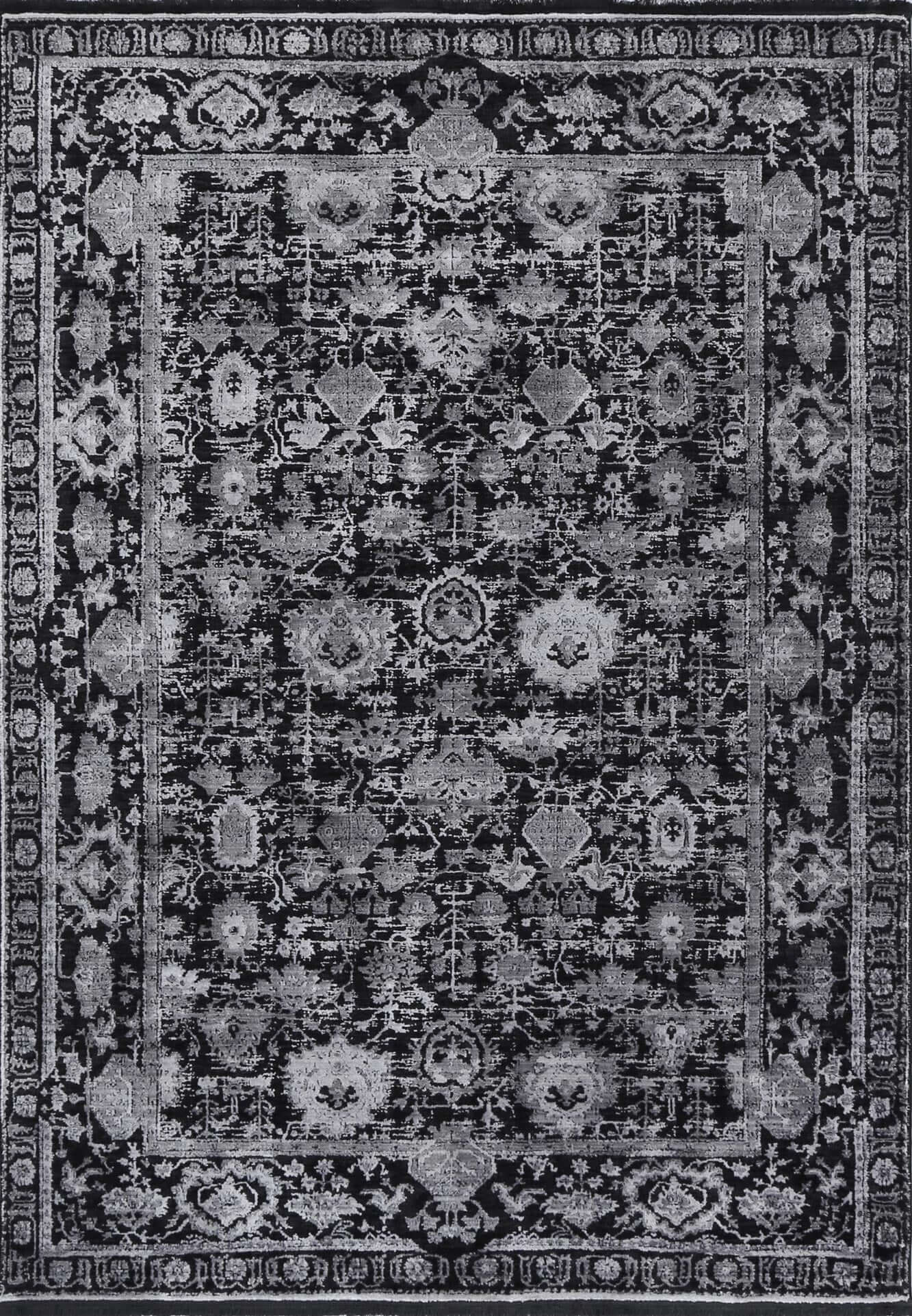 Turkish Rug in Silver & Black from the Brooklyn Collection featuring elegant floral designs.