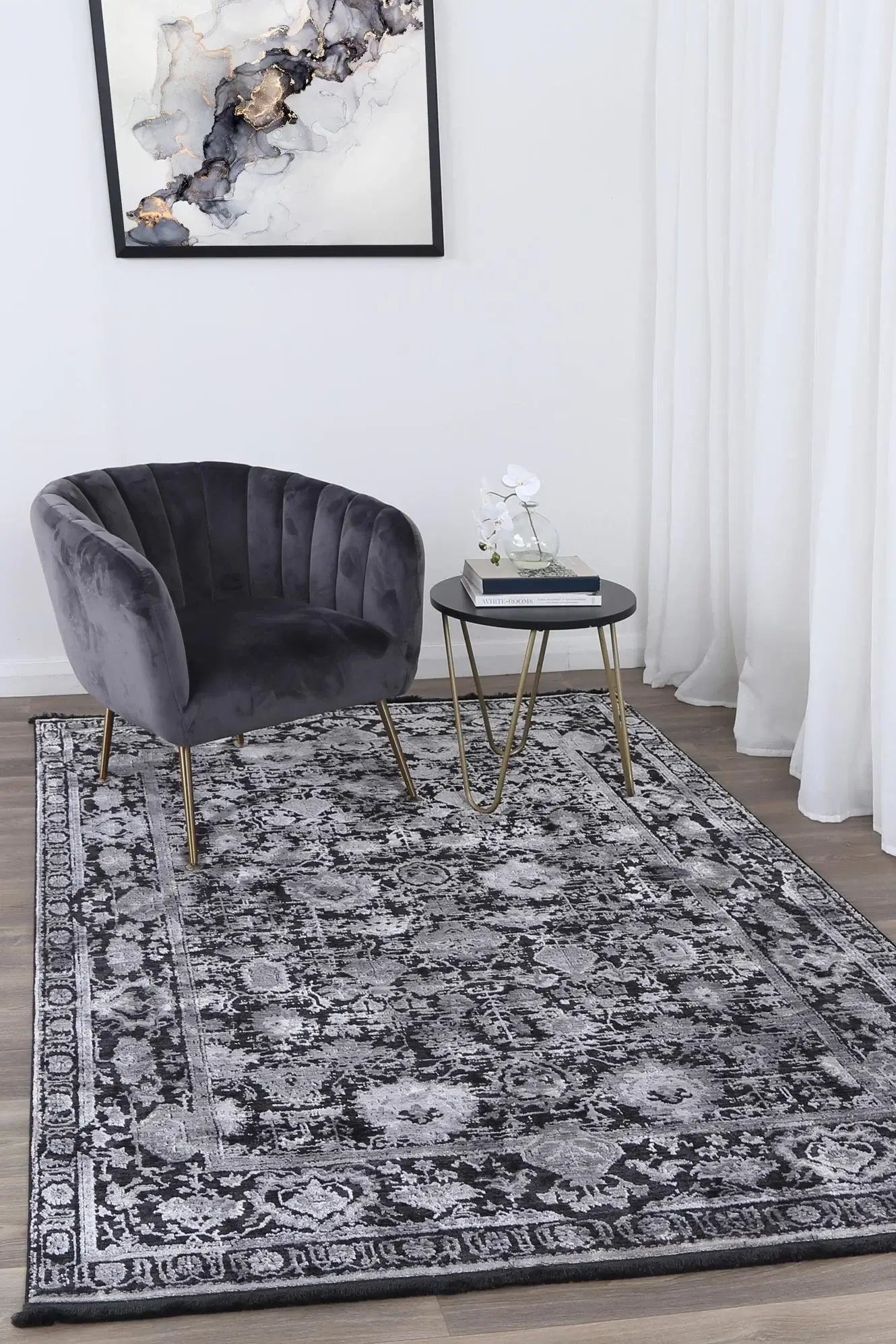 Turkish Rug in Silver & Black, Brooklyn Collection, enhancing a stylish living room with elegant décor.