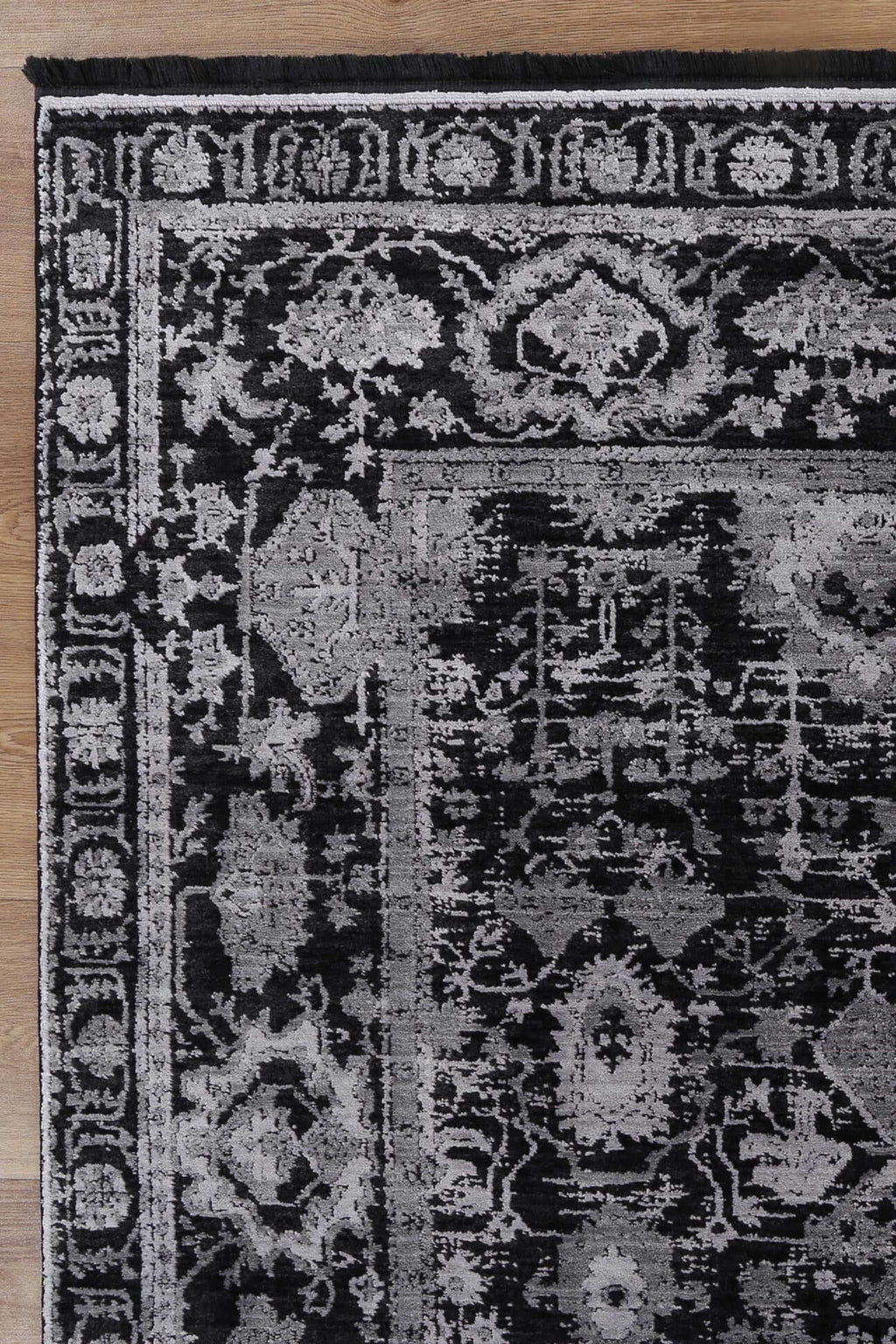 Turkish Rug in Silver & Black from the Brooklyn Collection showcasing intricate patterns and elegant low-pile design.