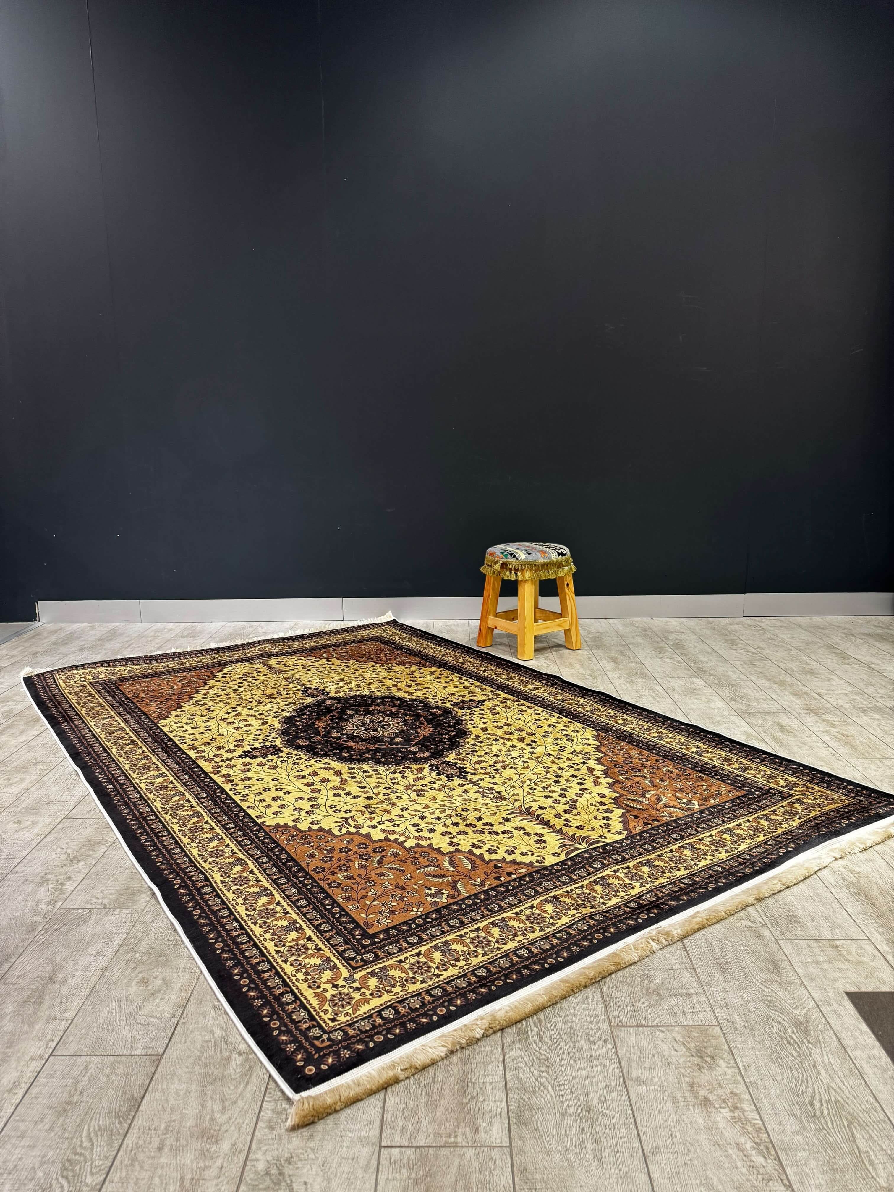 Turkish Rug Anatolian Vibrance 150×230 featuring vivid colors and intricate patterns on a wooden floor.