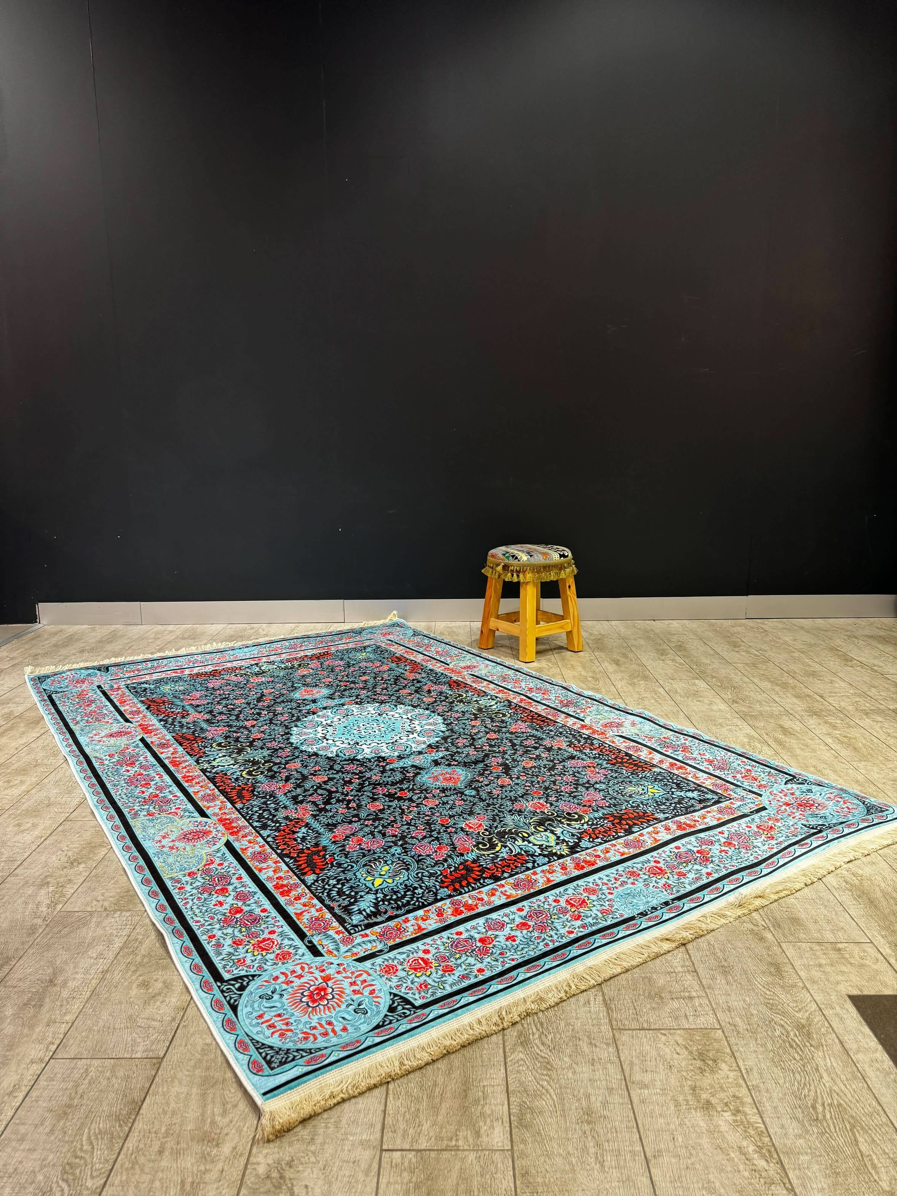 Turkish Rug featuring vivid colors and intricate patterns, ideal for modern and traditional interiors, size 150x230 cm.