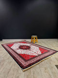 Turkish Rug in bold crimson and ivory, featuring intricate patterns and measuring 150x230 cm, ideal for living spaces.