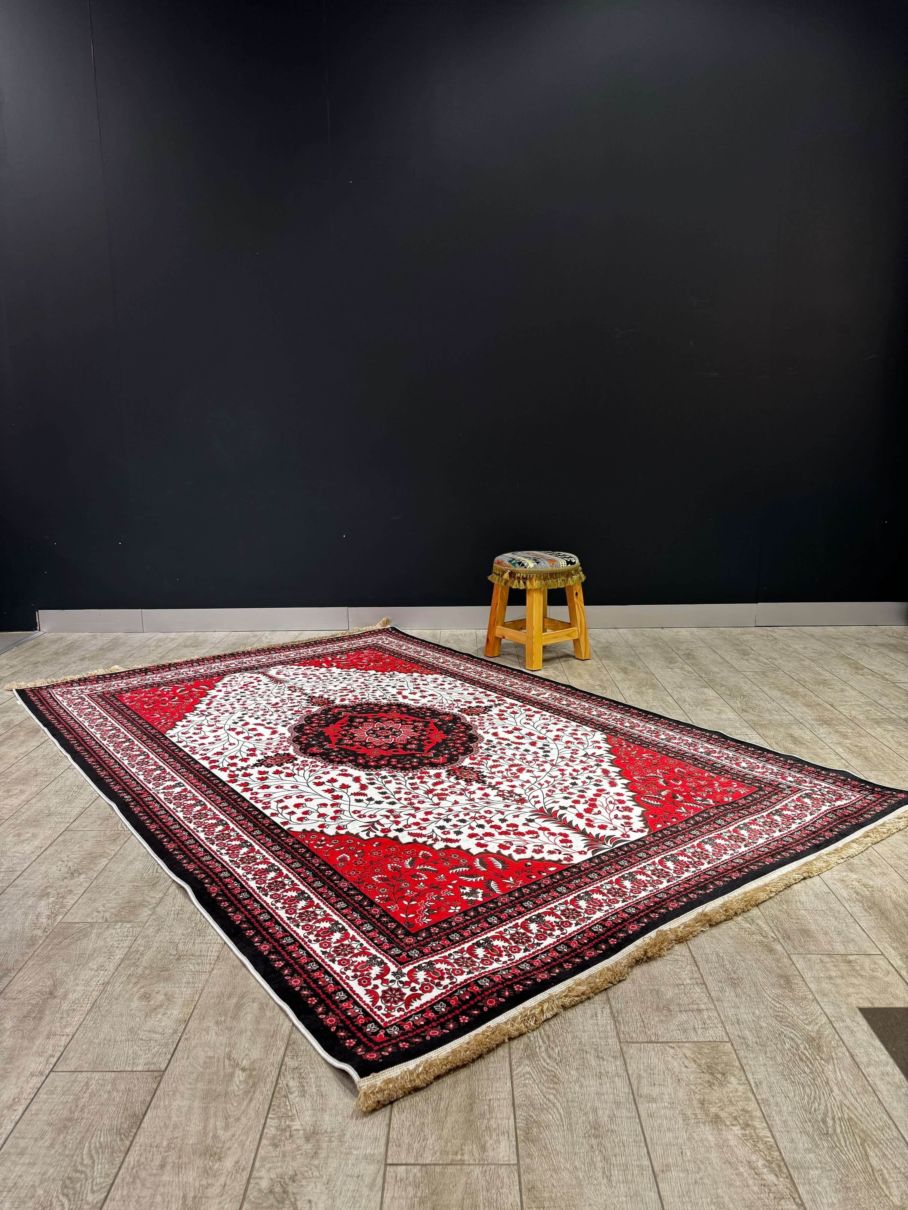 Turkish Rug in bold crimson and ivory, featuring intricate patterns and measuring 150x230 cm, ideal for living spaces.