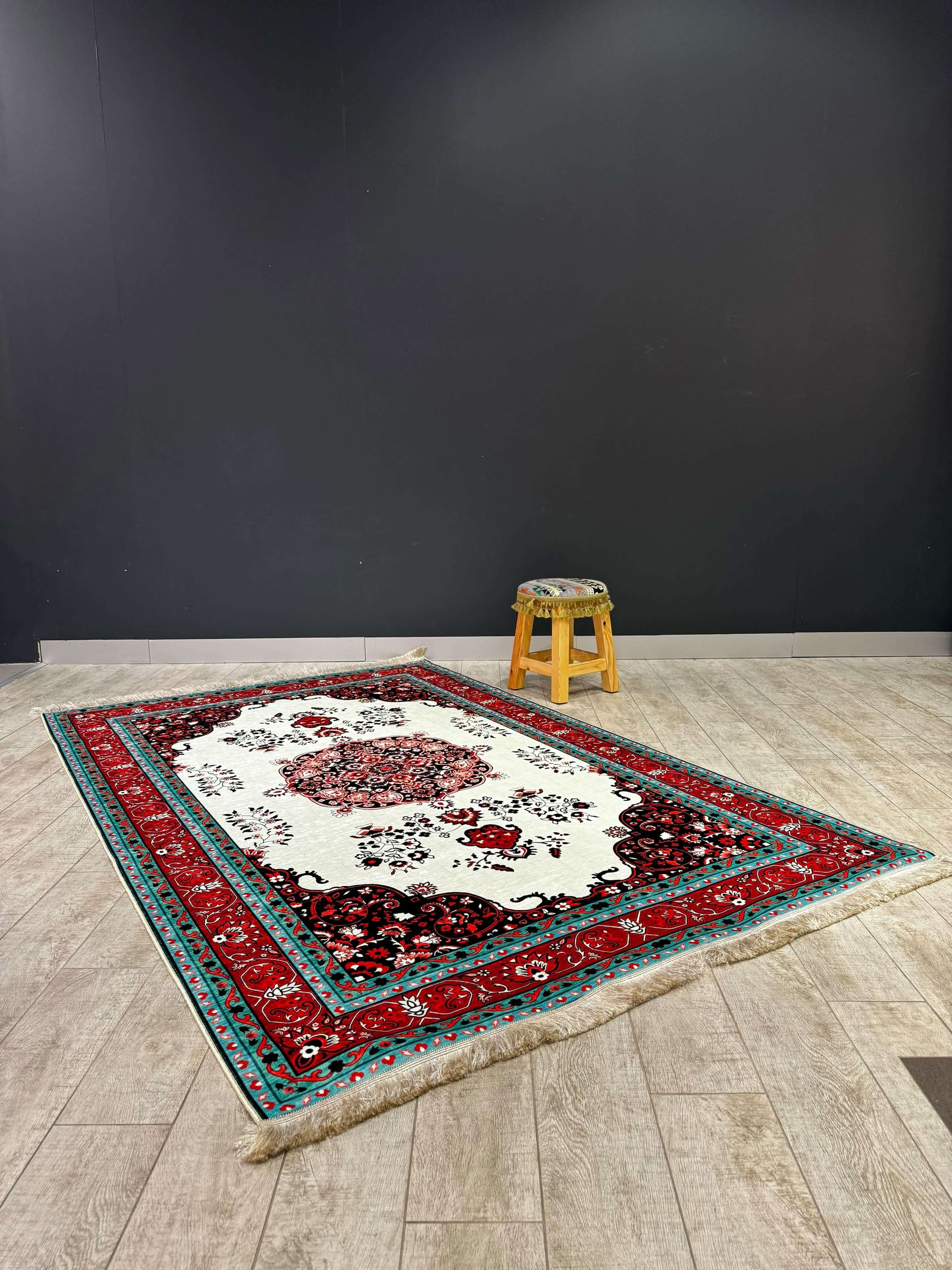 Turkish Rug in blue, red, and white classic design measuring 150×230 cm, ideal for living rooms and bedrooms.